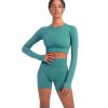 Women Yoga 2 Pieces Workout Long Sleeve Crop Top Sports Bra + Running Shorts Sets Athletic Fitness Gym Tracksuit