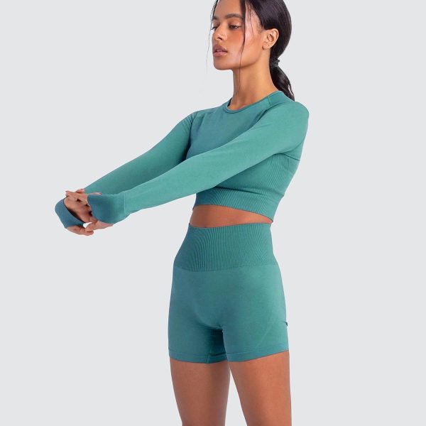 Women Yoga 2 Pieces Workout Long Sleeve Crop Top Sports Bra + Running Shorts Sets Athletic Fitness Gym Tracksuit