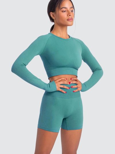 Women Yoga 2 Pieces Workout Long Sleeve Crop Top Sports Bra + Running Shorts Sets Athletic Fitness Gym Tracksuit
