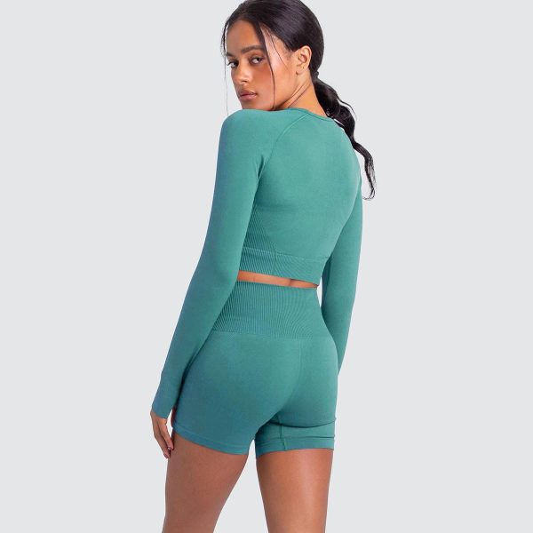 Women Yoga 2 Pieces Workout Long Sleeve Crop Top Sports Bra + Running Shorts Sets Athletic Fitness Gym Tracksuit