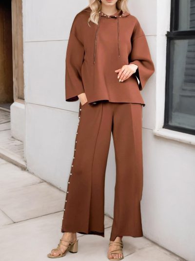 Women's 2 Piece Outfits Sweatsuit Sets Pearls Hoodie Top Wide Leg Pants Loose Lounge Set Tracksuits