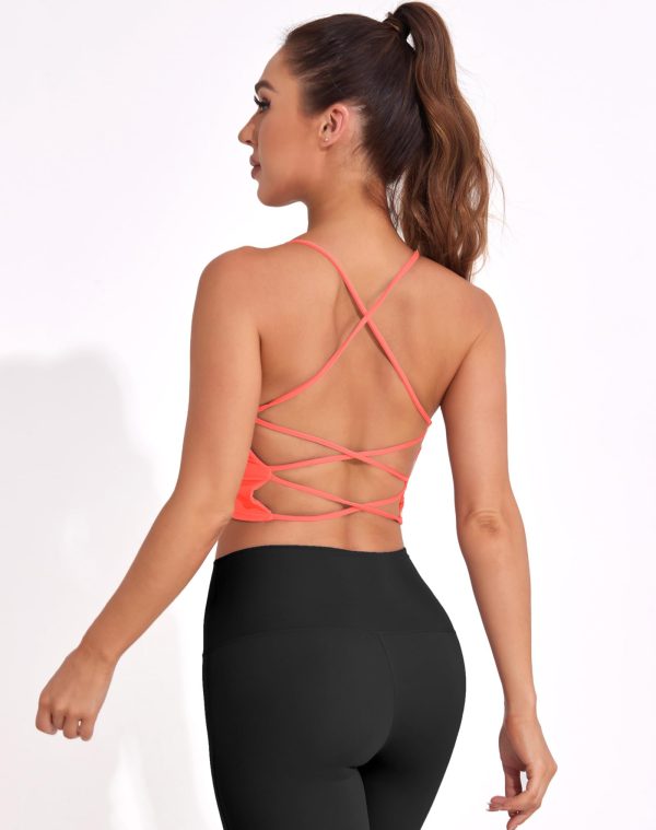 Strappy Sports Bras for Women High Support Longline Open Back Workout Tops Padded Cross Yoga Crop Tank Built in Bra