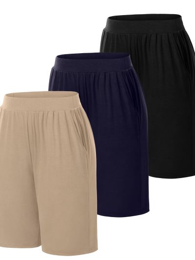 3 Pack Women's 8" Bermuda Shorts, High Waist Stretch Casual Knee Length Bottoms Summer Athletic Gym Short with Pocket