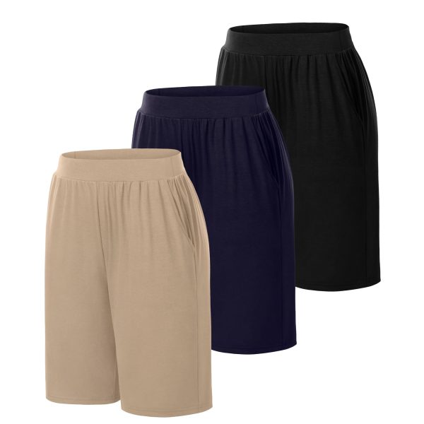61H7gCbl5JL.jpg 3 Pack Women's 8" Bermuda Shorts, High Waist Stretch Casual Knee Length Bottoms Summer Athletic Gym Short with Pocket