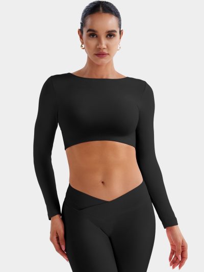 Villay Women Sexy Backless Long Sleeve Adjustable Straps Seamless Going Out Tops Crewneck Open Back Y2K Crop Stretch