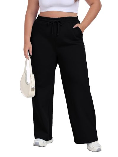Women's Plus Size Wide Leg Sweatpants Elastic Waist Baggy Drawstring Lounge Pants with Pockets