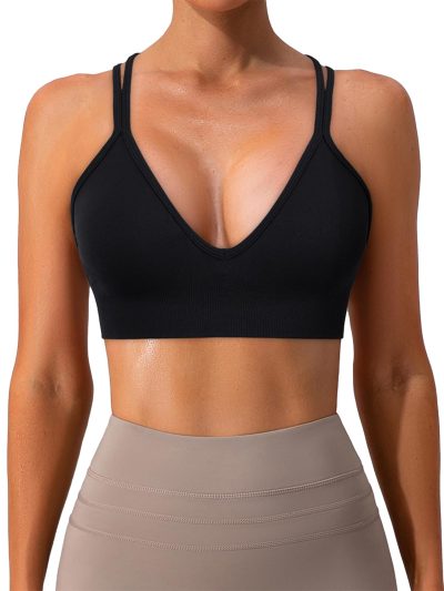 Sports Bra for Women V-Neck Strappy Criss Cross Yoga Bra Padded Seamless Workout Gym Athletic Fitness Bras 3 Pack