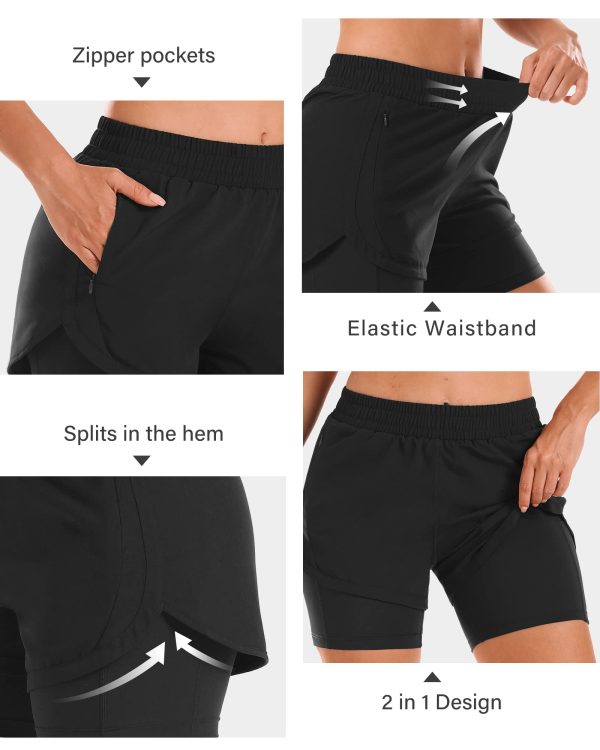 Women 2 in 1 Running Shorts High Waisted Athletic Shorts Gym Workout Shorts with Liner Zipper Pockets
