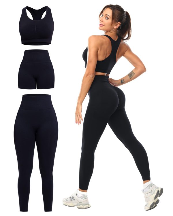 3 Piece Workout Sets for Women Butt Lifting Leggings with High Impact Sports Bra Gym Shorts
