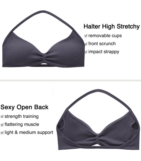 Halter Sports Bras for Women Padded Strappy Bra Open Back Workout Gym Crop