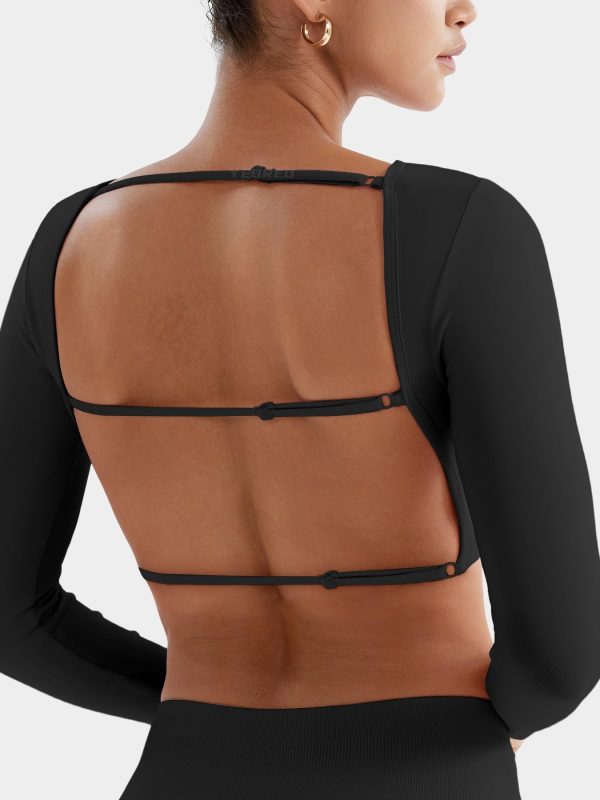 Villay Women Sexy Backless Long Sleeve Adjustable Straps Seamless Going Out Tops Crewneck Open Back Y2K Crop Stretch