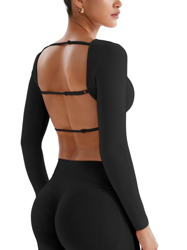 Villay Women Sexy Backless Long Sleeve Adjustable Straps Seamless Going Out Tops Crewneck Open Back Y2K Crop Stretch