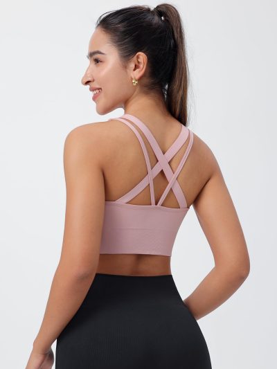 Strappy Sports Bras for Women, Scoop Neck Medium Support Yoga Bra Seamless Criss Cross Longline High Impact Workout Bras
