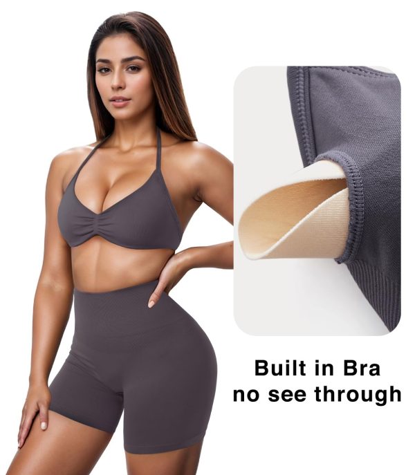 Halter Sports Bras for Women Padded Strappy Bra Open Back Workout Gym Crop