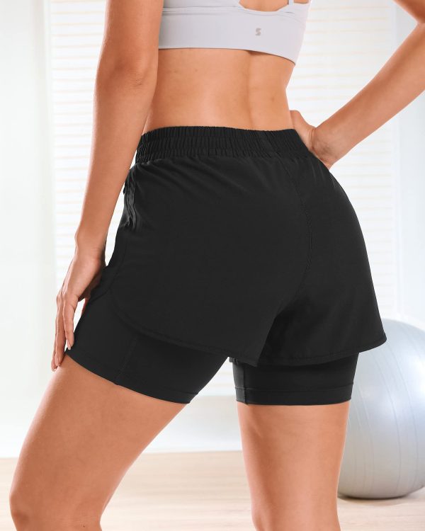 Women 2 in 1 Running Shorts High Waisted Athletic Shorts Gym Workout Shorts with Liner Zipper Pockets