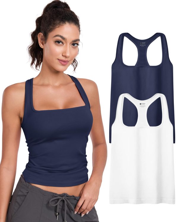 Womens 2PK Square Neck Tank Tops Long Seamless Workout Racerback Y2K Shirt 2025 Trendy Going Out Basic Fitted Cami