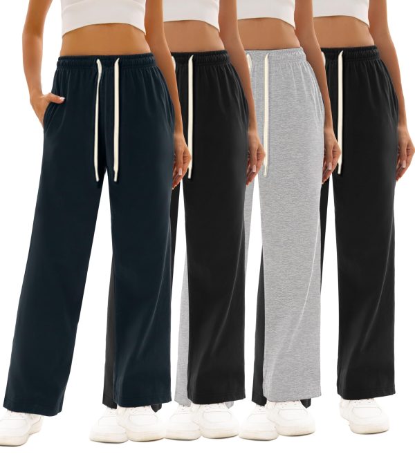 1/4 Pack Women's Wide Straight Leg Sweatpants, Cotton Baggy Lounge Sweat Pants, Casual Athletic Fit
