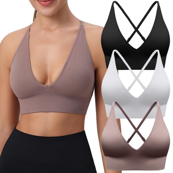 Women's Sports Bras Adjustable Deep V Neck Bras Wireless Spaghetti Strap Criss Cross Padded Low Support Sexy Bras