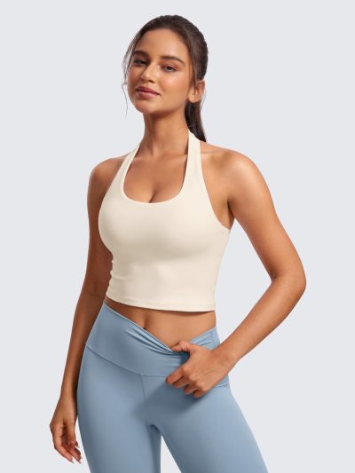 Womens Butterluxe Halter Longline Sports Bra - Padded Workout Yoga Crop Tops Tanks with Built in Pads