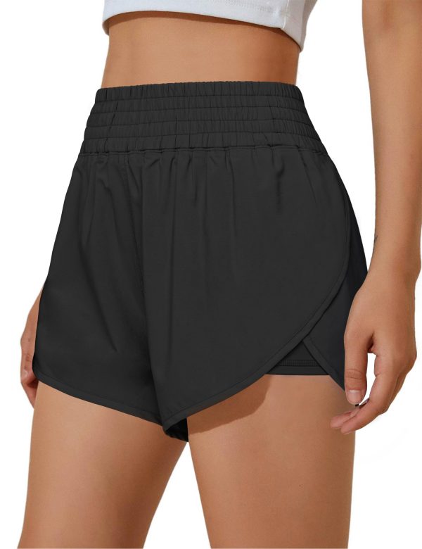 Womens Running Shorts High Waisted Side Pocket Athletic Shorts High Side Slit 2 in 1 Gym Shorts