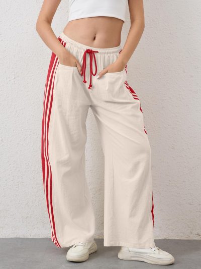 Women Side Striped Wide Leg Pants Color Block High Rise Drawstring Sweatpants Baggy Track Pants with Pockets
