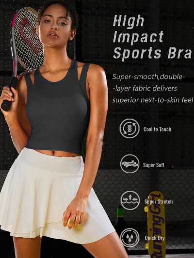 Sports Bras for Women High Impact Seamless Ribbed Longline High Neck Workout Crop Tank Tops Padded
