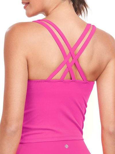 Zeal Bras Longline Ribbed Medium Support Sports Bras, Crisscross Back Tank Tops with Removable Pads B-D Cups