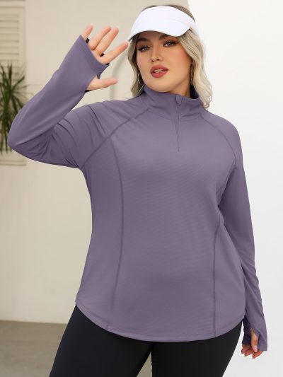 Womens Plus Size Workout Tops Long Sleeve 1/4 Zip UV Sun Protection Quick Dry Hiking Athletic Shirts Rash Guard UPF 50+