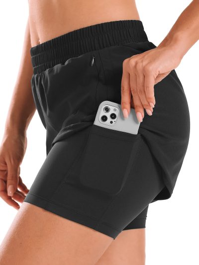 Women 2 in 1 Running Shorts High Waisted Athletic Shorts Gym Workout Shorts with Liner Zipper Pockets
