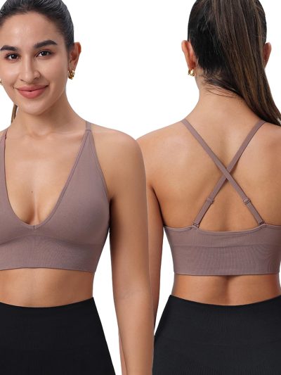 Women's Sports Bras Adjustable Deep V Neck Bras Wireless Spaghetti Strap Criss Cross Padded Low Support Sexy Bras