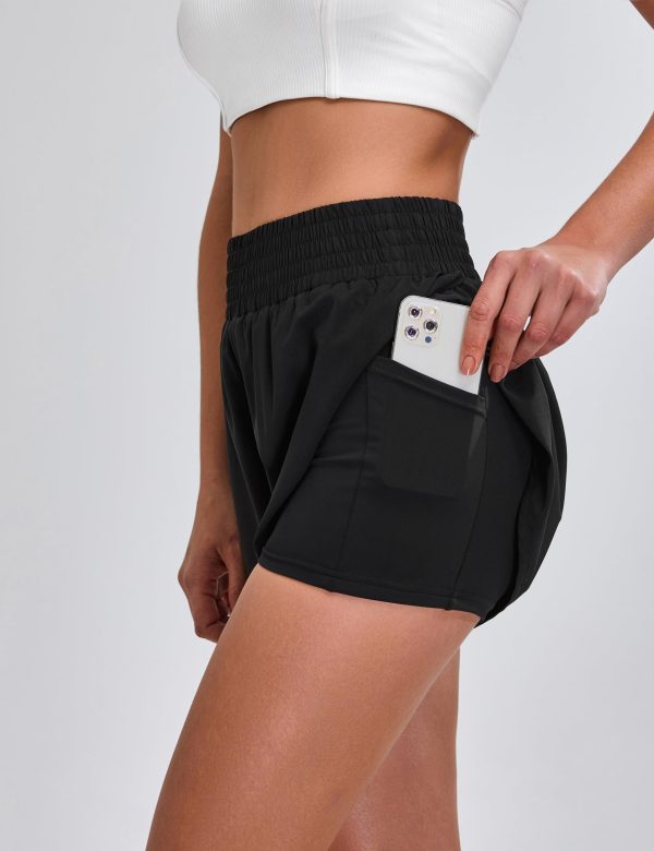 Womens Running Shorts High Waisted Side Pocket Athletic Shorts High Side Slit 2 in 1 Gym Shorts