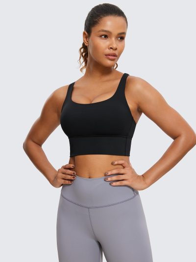 Womens Strappy Longline Sports Bra - Medium Impact Criss Cross Yoga Padded Workout Crop Top