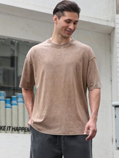 Men's Cotton T-Shirts Oversized Unisex Short Sleeves Casual Loose Wash Solid Basic Tee Tops