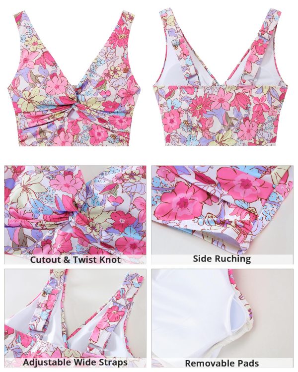 Bikini Tops for Women Cropped Tankini Tops Floral Printed Beach Padded Knot Twist Cut Out Bathing Suit Top Only