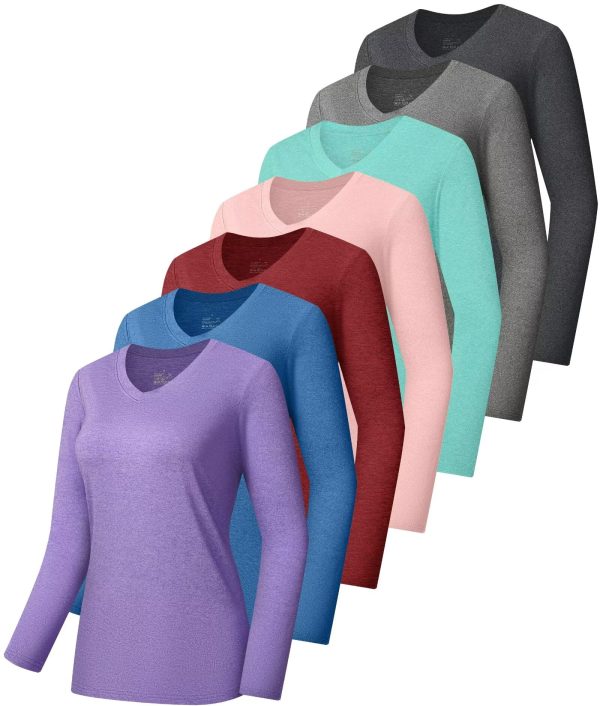 7 Pack Long Sleeve Workout Tops for Women Quick Dry Athletic Running Shirts UV Sun Protection V Neck T Shirts