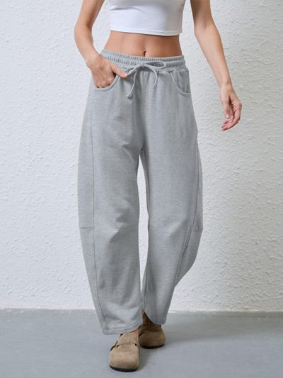 Women's Barrel Leg Sweatpant Drawstring Elastic Waisted Wide Leg Pants Casual Cotton Palazzo Trousers with Pockets