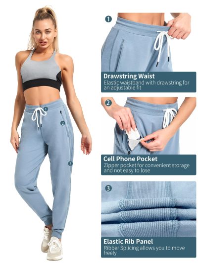 Women Workout Sweatpants Cotton Jogger Ribber Splicing Lounge Sweat Pants with Zipper Pocket