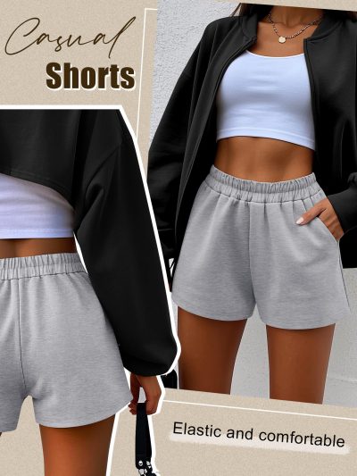 3 Pack Women's Sweat Shorts, Elastic High Waist Shorts Casual Summer Lounge Cotton Comfy Athletic Shorts with Pockets