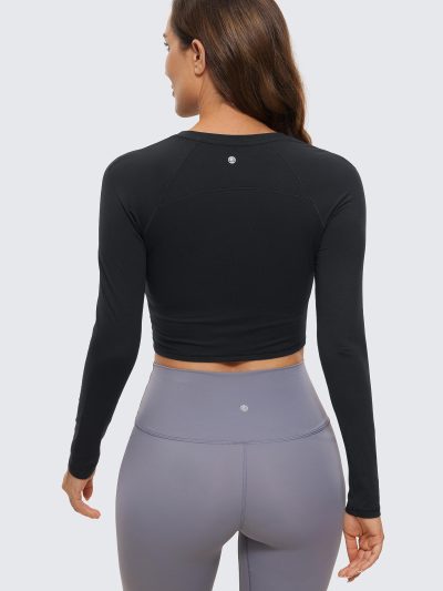 Womens Long Sleeve Crop Workout Tops Athletic Yoga Running Cropped T-Shirt Slim Fit Gym Shirts