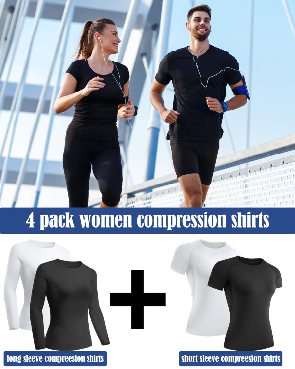4 Pack Women's Compression Shirt Long/Short Sleeve Performance Workout Baselayer Athletic Top Gym Sports Gear