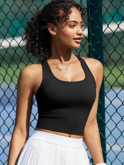 High Impact Sports Bras for Women - Square Neck Longline Workout Crop Tops with Built in Shelf Yoga Bra