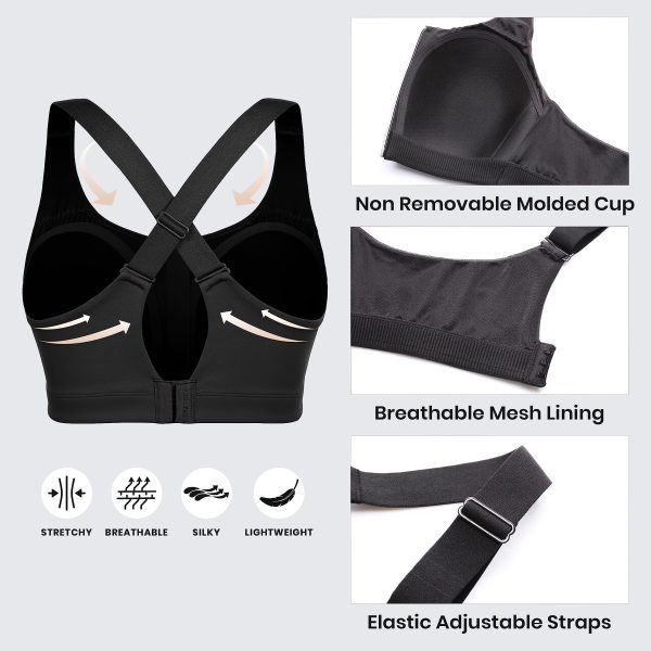 Womens Zip Front High Impact Sports Bra - Molded Cup Adjustable Convertible Straps Wireless Workout Yoga Crop Top