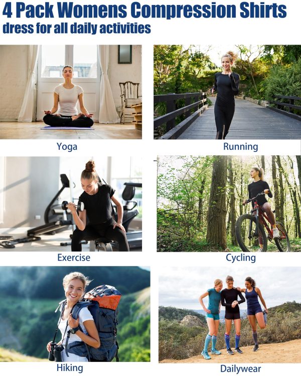 4 Pack Women's Compression Shirt Long/Short Sleeve Performance Workout Baselayer Athletic Top Gym Sports Gear